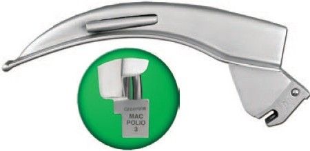 SunMed 5-5247-03 GreenLine F/O Medium Adult Angled at 120 Polio Blade Size 3, Blades compatible with all Fiber Optic laryngoscope green systems, Surgical stainless steel, Offset at an obtuse angle to handle, Used in restricted area (screen, body jacks or Iron Lung), Superior cool illumination on left side, Dimensions 130 x 23mm (5524703 55247-03 5-524703)