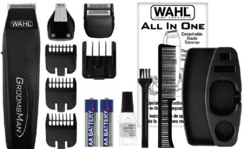Wahl 5537-3008 GroomsMan All-In-One Battery Grooming Kit; Includes: Trimmer Unit, 3 Detachable Heads (Trimmer Blade, Detail Blade and Dual Shaver), Standard Guide Combs (Stubble, Medium, Full, 6-Position Guide), 2 AA Batteries, Beard Comb, Cleaning Brush, Blade Oil, Storage Stand and Instructions; UPC 043917000169 (55373008 5537 3008 553-73008 55373-008) 