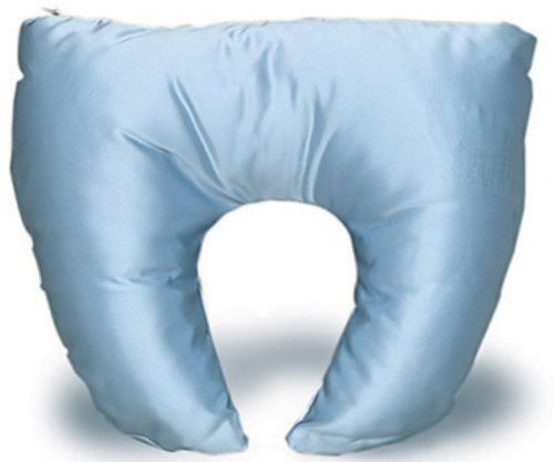 Mabis 555-7933-1000 Crescent Pillow Mate, Blue Satin, Contour shape gently cradles head and neck and helps relieve muscle tension, Made of 100% hypoallergenic polyester fiberfill, Removable, machine washable cover, Foam meets CAL #117 requirements, 14