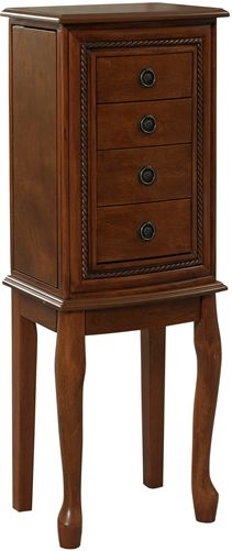 Linon 55564LTWAL-01-KD-U Grace Jewelry Armoire Light Walnut; Store and protect all of your jewelry; Finished in a light walnut, the armoire is lined in a soft black felt; Both sides open to reveal space to hang necklaces; Multiple drawers provide ample interior storage space, while the top flips open to reveal additional storage and a mirror; UPC 753793900070 (55564LTWAL01KDU 55564LTWAL-01-KDU 55564LTWAL01-KD-U 55564LTWAL-01KDU)