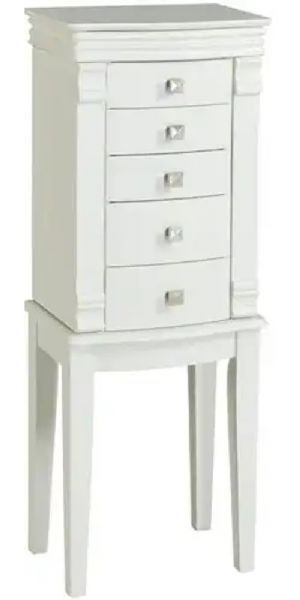 Linon 55571WHT-01-KD-U Angela White Jewelry Armoire; Traditional in style and design, is a timeless addition to a bedroom, large closet or dressing area; Each side opens to reveal multiple hooks for necklaces; Multiple drawers lined in felt keep jewelry safe and protected; 150 lbs weight capacity; UPC 753793935218 (55571WHT01KDU 55571WHT-01KD-U 55571WHT-01-KDU 55571WHT01-KDU)
