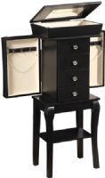 Linon 556025BLK01U Tara Jewelry Armoire; Brings together classic design with modern style; Flip top that provides storage and a mirror for easy accessorizing; Each side opens to reveal hooks for keeping necklaces safely stored; Four felt lined drawers provide ample interior for keeping all of your precious pieces safe; UPC 753793938998 (556025-BLK01U 556025BLK-01U 556025-BLK-01U) 