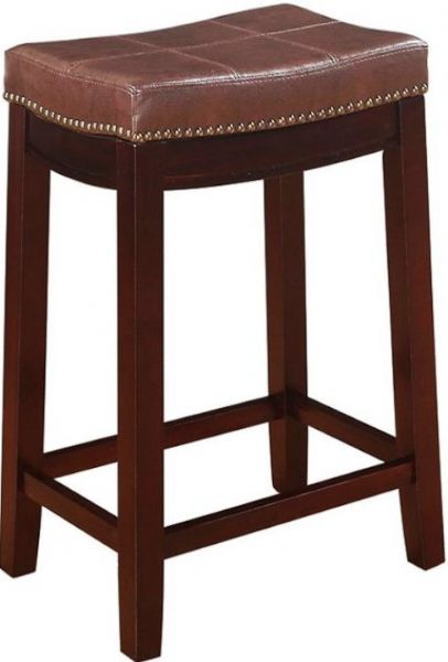 Linon 55815BRNPU-01-KD-U Claridge Patches Counter Stool, Dark Brown Finish, Brown Vinyl Upholstered Seat, Patch Designed Top, Nailhead trim, Ideal for any design style, 250 lbs Weight Limit, 18