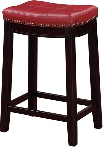 Linon 55815RED01U Claridge Red Counter Stool; Will add stylish seating to any counter or high top table; Sturdy wood frame has a dark espresso finish accented by a red vinyl upholstered seat; Nailhead trim and accent stitching adds a patchwork design to the top for an eyecatching detail; 275 lbs weight capacity; UPC 753793935126 (55815-RED01U 55815RED-01U 55815-RED-01U)