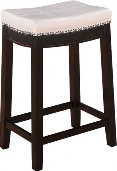 Linon 55815WHTPU-01-KD-U Claridge Patches Counter Stool, Dark Brown Finish, White VinylUpholstered Seat, Patch Designed Top, Nailhead trim, Ideal for any design style, 250 lbs Weight Limit, 18