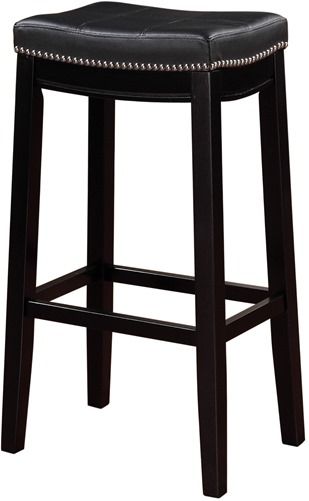 Linon 55816BLK01U Claridge Black Bar Stool; Will add stylish seating to any counter or high top table; Sturdy wood frame has a black finish accented by a black vinyl upholstered seat; Nailhead trim and accent stitching adds a patchwork design to the top for an eyecatching detail; 275 lbs weight capacity; UPC 753793935133 (55816-BLK01U 55816BLK-01U 55816-BLK-01U)