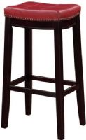 Linon 55816RED01U Claridge Red Bar Stool; Will add stylish seating to any counter or high top table; Sturdy wood frame has a black finish accented by a red vinyl upholstered seat; Nailhead trim and accent stitching adds a patchwork design to the top for an eyecatching detail; 275 lbs weight capacity; UPC 753793935140 (55816-RED01U 55816RED-01U 55816-RED-01U) 