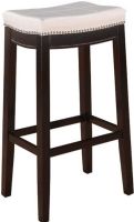 Linon 55816WHTPU-01-KD-U Claridge Patches Bar Stool, Dark Brown Finish, White Vinyl Upholstered Seat, Patch Designed Top, Nailhead trim, Ideal for any design style, 30" Seat height, 250 Lbs Weight Limit, 18.75"W x 13.25"D x 32"H, UPC 753793917450 (55816WHTPU01KDU 55816WHTPU-01-KD-U 55816WHTPU 01 KD U) 