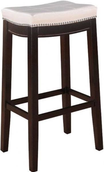 Linon 55816WHTPU-01-KD-U Claridge Patches Bar Stool, Dark Brown Finish, White Vinyl Upholstered Seat, Patch Designed Top, Nailhead trim, Ideal for any design style, 30