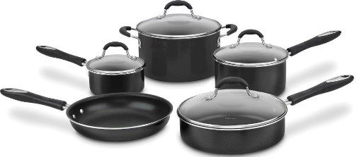 Cuisinart 55-9BK Advantage Non-Stick Aluminum Cookware 9-piece Set, Black, Aluminum heats quickly and cooks at an even temperature, eliminating hot spots; Exclusive nonstick ﬁnish provides lasting food release, healthy cooking, and easy cleaning; Cuisinart Easy Grip Silicone Handles; Easy Cleanup; Tempered Glass Covers; UPC 086279041883 (559BK 55 9BK 55-9-BK 559-BK 559)