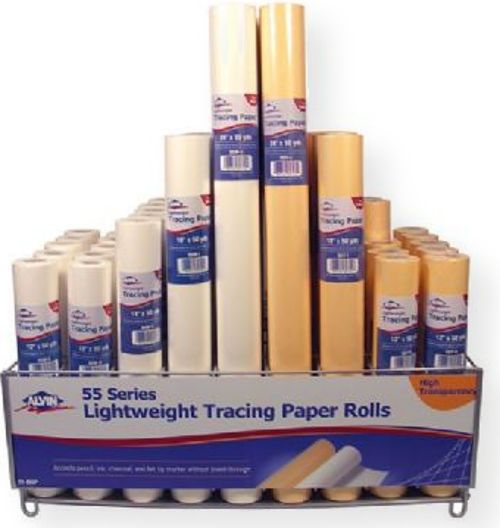 Alvin 55-DISP Lightweight Tracing Paper Roll Display; Exceptional qualities for detail or rough sketch work; Accepts pencil, ink, charcoal, as well as felt tip markers without bleed through; High transparency permits several overlays while retaining legibility; UPC 88354814450 (55DISP 55-DISP ALVIN55DISP ALVIN-55DISP ALVIN-55-DISP)