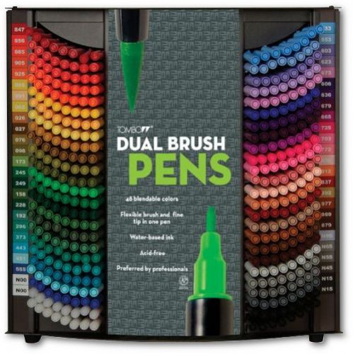  Tombow 56140D Dual Brush Marker Pens-Display 300 Count, With 48 colors; Blendable colors in a flexible brush and fine tip pen; Water-based dye ink; Acid-free; Dimensions 14.63