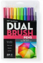 Tombow 56185 Dual Brush 10 Color Bright Pen Set; Set of 9 colors with colorless blender pen; Flexible brush tip and fine tip in one marker; Brush tip works like a paintbrush to create fine, medium or bold strokes, fine tip gives consistent lines; Dual Brush Pens are ideal for artists and crafters; Tips self clean after blending; UPC 085014561853 (56185 SET-56185 DUAL-56185 BRUSH-56185 TOMBOW56185 TOMBOW-56185) 