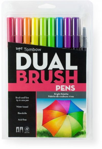 Tombow 56185 Dual Brush 10 Color Bright Pen Set; Set of 9 colors with colorless blender pen; Flexible brush tip and fine tip in one marker; Brush tip works like a paintbrush to create fine, medium or bold strokes, fine tip gives consistent lines; Dual Brush Pens are ideal for artists and crafters; Tips self clean after blending; UPC 085014561853 (56185 SET-56185 DUAL-56185 BRUSH-56185 TOMBOW56185 TOMBOW-56185)