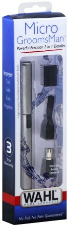 Wahl 5640-600 Micro GroomsMan Powerful Precision 2 in 1 Detailer; Detachable Rotary & Vertical Head; Eyebrow Guide Comb Fits Over Vertical Head; Anodized Aluminum Casing; Includes: Cordless Battery-Operated Trimmer, Rotary Head, Detail Head, Eyebrow Comb Attachment, Protective Cap and English & Spanish Instructions; UPC 043917564067 (5640600 5640 600 564-0600)