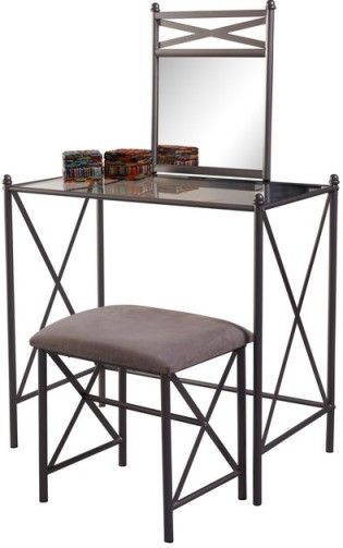 Linon 57752MTL-01-KD-U Mission Hills Vanity Set; Classic addition to any bedroom; Perfect for a range of dcor styles, the vanity has a cement colored finish; Spacious glass top is ideal for storing makeup and accessories, while the large mirror makes it simple to see yourself; 275 lbs weight capacity; UPC 753793917511 (57752MTL01KDU 57752MTL-01KDU 57752MTL01-KDU 57752MTL-01KD-U)