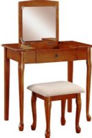Linon 58025CHY-01-KD-U Ruby Vanity Set, Queen Anne Styled Legs, Cherry Finish, Plush Off White Upholstered Bench, Flip Top Mirror, 250lbs - chairs Weight Limit, 15.75"W x 14.50"D vanity compartment measures,  30.5" Vanity with the mirror closed down, 16"W x 14"D x 18"H Stool Size, 32"W x 18"D x 46.25"H Vanity, UPC 753793900353 (58025CHY01KDU 58025CHY-01-KD-U 58025CHY 01 KD U) 