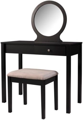 Linon 58035BLK-01-KD-U Scarlett Vanity Set; Perfect for the modern and contemporary styled home; Finished in a rich black, the vanity has a beige microfiber accompanying stool; An off center drawer provides ample hidden storage space while the spacious top is ideal for displaying your favorite products; UPC 753793918853 (58035BLK01KDU 58035BLK01-KDU 58035BLK-01KD-U 58035BLK-01-KDU)