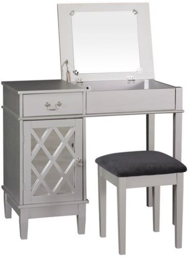 Linon 58036SIL-01-KD-U Lattice Vanity Set; Ideal for any modern or contemporary styled bedroom; Spacious top has room for a variety of cosmetics, jewelry and other beauty supplies; Half of the top lifts to reveal a large mirror and open storage space; A single drawer has a silver decorative handle and opens to reveal additional storage; UPC 753793919362 (58036SIL01KDU 58036SIL-01KD-U 58036SIL01-KDU 58036SIL-01-KDU)
