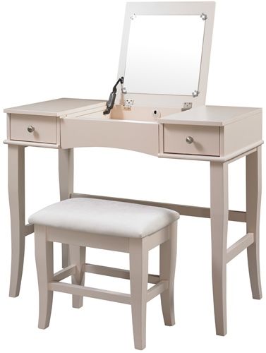 Linon 58037CRM-01-KD-U Jackson Vanity Set; Perfect for providing storage and grooming space in a large bathroom or bedroom; Spacious top features a flip top that has a hidden mirror and open storage area; Two storage drawers are accented with small round pulls and provide ample hidden storage space; UPC 753793920016 (58037CRM01KDU 58037CRM-01KDU 58037CRM-01KD-U 58037CRM01-KDU)