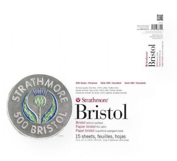 Strathmore 580-82 Series 500 2-Ply Vellum 14 x 17 Tape Bound Bristol Pad; Created in 1893, this 100% cotton bristol is an industry standard; Plate surface has an ultra-smooth finish that is unsurpassed for detailed work with technical pen, airbrush, and marker; Vellum surface has a toothy finish that is excellent for pencil, charcoal, pastel, and oil pastel as well as pen, airbrush, and light washes; UPC 012017667145 (58082 STRATHMORE-580-82 SERIES500-580-82-STRATHMORE PAINTING)