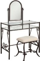 Linon 58950MTL-01-KD-U Clarisse Metal Vanity Set; Mixes traditional style with transitional design; A classic accent, the vanity set has a decorative metal scroll base; Mirror easily angles to best suit you; Glass top and shelf provides ample storage and display space for accessories and makeup; UPC 753793910925 (58950MTL01KDU 58950MTL-01KD-U 58950MT-01-KDU 58950MTL-01-KDU) 