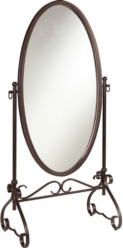 Linon 58951MTL-01-KD-U Clarisse Metal Mirror; Mixes traditional style with transitional design; A classic accent, the mirror has a decorative antique brown metal scroll base; Large oval mirror easily angles to best suit you; An ideal addition to a bedroom, large closet or dressing area; Dimensions 26
