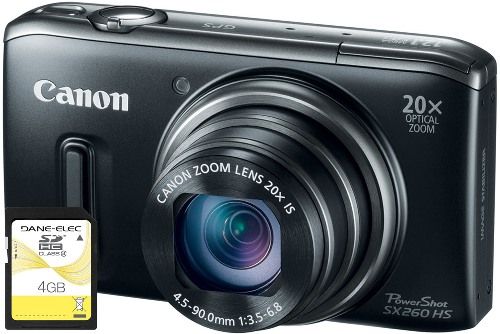 Canon 5900B001-2-KIT PowerShot SX260 HS Digital Camera with 4GB SD Memory Card, Black, 3.0-inch TFT Color LCD Monitor, 12.1 Megapixel High-Sensitivity CMOS sensor, 20x Optical Zoom and 25mm Wide-Angle lens with Optical Image Stabilization, Focal Length 4.5 (W) - 90.0 (T) mm (35mm film equivalent: 25-500mm), UPC 091037253224 (5900B0012KIT 5900B0012-KIT 5900B001-2KIT 5900B001 SX260HS SX260-HS SX-260 SX 260)
