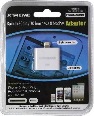 Xtreme 59051 White 8-Pin to 30-Pin Adapter For use with iPhone 5, iPad Mini, iPod Touch 5th Gen, Nano 7th Gen and iPad 4th Gen; Connects your 8 pin device to to any 30 pin cable/dock; UPC 805106590512 (59-051 590-51)