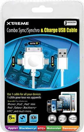 Xtreme 59053 Combo Sync/Synchro & Charge USB Cable; For use with iPhone, iPod, iPad Mini, iPad, Galaxy, Blackberry, HTC and much more; Use 1 cable for all your devices; Apple 8 Pin, Apple 30 Pin and Micro USB Charging Tips; 5ft (1.5m) cord length; UPC 805106590536 (59-053 590-53)