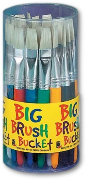 Princeton 5950FC Big Brush Bucket Display; 30 flat brushes, assorted color; These easy to hold large Diameter paintbrushes are perfect for kids; They come in an assortment of round or flat natural hog bristle hairs for oil acrylic and tempera paints; Each bucket holds 30 brushes; 8