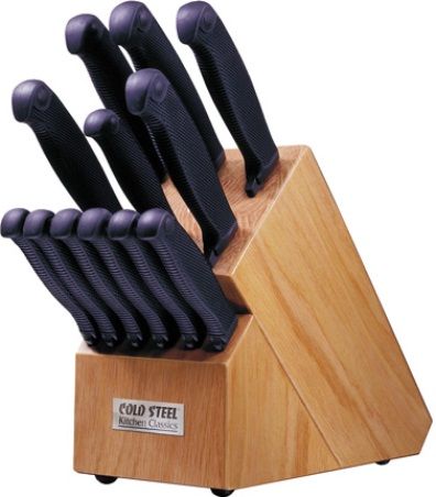 Cold Steel 59KSET Kitchen Classic Set; Includes: 1 Oak Block Stand, 1 Paring Knives, 1 Boning Knife, 1 Utility Knife, 1 Chefs Knife, 1 Slicer, 1 Bread Knife and 6 Steak Knives; Blades are ice tempered and then precision flat ground for maximum cutting power; UPC 705442004387 (59K-SET 59K SET)