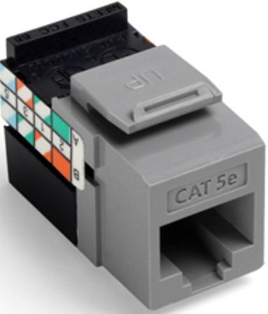Leviton 5G108-RG5 GigaMax Cat 5e QuickPort Connector, Grey, Dual wiring code label allows connector to be wired to either T568A or T568B, Individual port configurability allows specification flexibility, Robust one-piece lead-frame design, Narrow connector allows high port density in a small area, Performance supports high megabit and shared-sheath applications, UPC 078477170465 (5G108RG5 5G108 RG5)