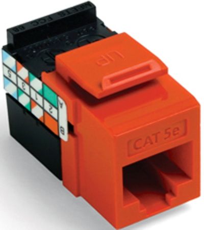 Leviton 5G108-RO5 GigaMax Cat 5e QuickPort Connector, Orange; Category 5e Module; 8P8C Position/Conductor; 8-Conductor UTP Copper Cat 5, 5e and 6 Cable; Channel-Rated Connector; 110 Punchdown Termination; GigaMax 5e Category Rating; Phosphor Bronze Contact Base Material; High-Impact Fire-Retardant Plastic Body Material; Standards and Certifications: TIA/EIA cULus Listed; UPC 078477170502 (5G108RO5 5G108 RO5)