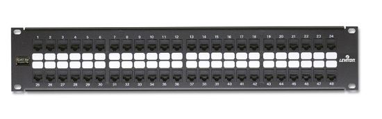 Leviton 5G270-U48 Patch Panel 48 Port Cat5e; Black; Kitted with Leviton eXtreme Cat 5e connectors; Patented Retention Force Technology protects tines from damage from 4- or 6-pin plugs; Craft-friendly installation; UPC 078477385784 (5G270U48 5G270 U48 5G270-U48  5G270-U48PATCH 5G270-U48-PANEL CAT5E-5G270-U48)