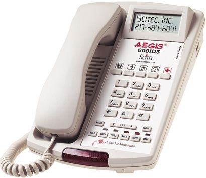 Scitec 600ID5 Aegis Hotel Phone, 2-Line Caller ID Speakerphone, 5 speed dial keys, Hands Free Key, Flash, Hold, Redial and Mute, Conference Key, HI/LO Ringer Control, HAC/ADA-compliant volume control, Remote Electronic Speed Dial Key Programming, Smart Message Waiting Light, Smart Data Port, One-touch Voice Mail Retrieval, 4.2 lbs (600-ID5 600 ID5 600ID 600I)