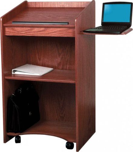 Oklahoma Sound 600-MY Aristocrat Contour Non-Sound Floor Lectern, Mahogany, Perfect lectern for the most demanding, upscale look, Contoured style with radius curves, Woodgrain thermofused melamine laminate on 3/4