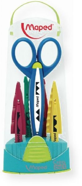 Maped 601005 Craft Scissor Set; Contains one pair of scissors and five sets of interchangeable blades; Sleek and fun patterns are great for craft projects; For children and adults; 5 different decorative cutting patterns in one pair of scissors by simply switching out the interchangeable blades included with the set; UPC 315414601005 (601005 CRAFT-601005 SET-601005 SCISSOR-601005 MAPED601005 MAPED-601005)