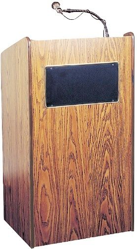 Oklahoma Sound 6010-MO Aristocrat Sound Floor Lectern, Medium Oak, For audiences up to 2500 people, Frequency 100HZ-25KHZ, Response +3dB, Perfect for the smallest to largest venues, Executive style podium includes, 50 watt multimedia amplifier with two built in 8