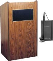 Oklahoma Sound 6010-MO/LWM-6 Aristocrat Sound Lectern, 50 Watts Power output, Tie-clip lavalier wireless mic, 2 Condenser type: Handheld with 9' cable, tie-clip/lavalier with 10' cable Microphones, Two 8" high efficiency Speakers, Two mics, one aux Inputs, Switchable, two frequency Wireless, Four volume, Bass/Treble, On/Off Controls, Internally mounted, 2A, Medium Oak Finish, UPC 604747778811 (6010 MO LWM 6 6010-MO-LWM-6 6010MOLWM6 6010-MO/LWM-6) 