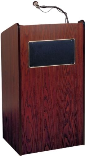 Oklahoma Sound 6010-MY Aristocrat Sound Floor Lectern, Mahogany, For audiences up to 2500 people, Frequency 100HZ-25KHZ, Response +3dB, Perfect for the smallest to largest venues, Executive style podium includes, 50 watt multimedia amplifier with two built in 8