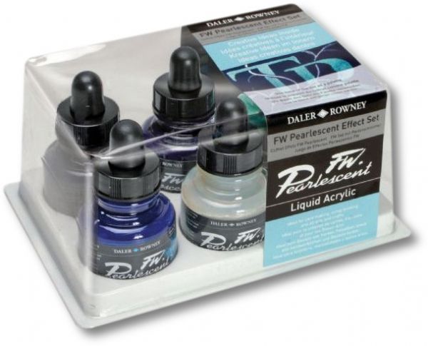 FW 603200006 Liquid Artists' Acrylic Ink, 6-Colors Pearl Effects Set; Acrylic-based inks are water-soluble when wet, but dry to a water-resistant film on most surfaces; All colors are very to extremely lightfast; The best means of applying pearlescent colors is by using a dipper pen, ruling pen, or brush; Due to large pigment particles, these are not suitable for fine line nozzles for airbrushes, technical pens, or fountain pens; EAN 5011386029917 (FW603200006 FW 603200006)