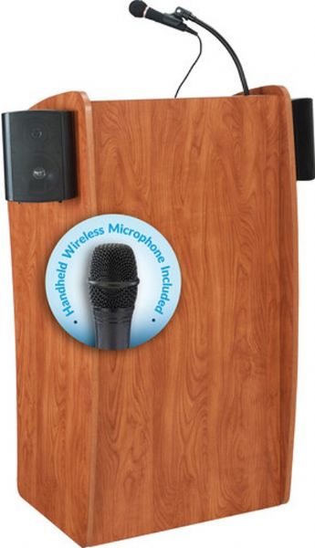 Oklahoma Sound 611-S/LWM-5 Vision Lectern, 30 W Amplifier Power, Internally mounted, 2 A Fuse, Handheld wireless mic, Switchable to two frequencies, Internally mounted; with LED indicator, 2 x Speakers, 1 x 4