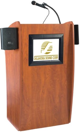 Oklahoma Sound 612-S The Vision Basic Sound Floor Lectern with Screen, Wild Cherry, 15-inch LCD screen built into the front of the unit, Aspect Ratio 4:3, Resolution 1024x768, 30 Watts, Accommodate Audience up to 900, 2 Speakers, 1 x 4 Woofer, 1 x 2.5 Dome Tweeter, 8 ohm, One 1/8 Aux Jack, Tie-Clip/Lavalier with 10 Cable (612SCH 612S-CH 612-SCH 612-S 612S 612)