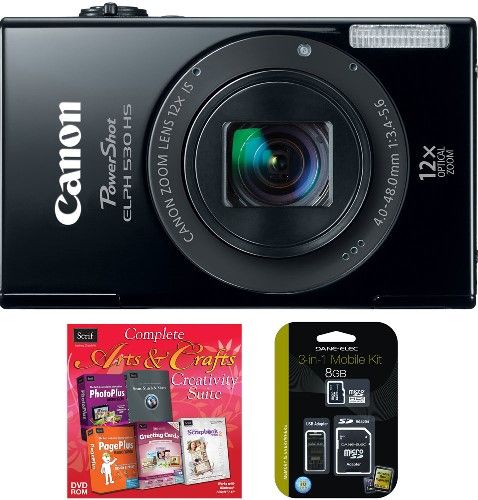Canon 6160B001-3-KIT PowerShot ELPH 530 HS Digital Camera, Black with DVD Graphic Sleeve Software and 3-in-1 Mobile Kit (Class 10 8GB microSD + USB & SD Adapters), 3.2-inch TFT Touch Panel Color LCD with wide viewing angle, Built-in WiFi, 28mm Wide-Angle lens, 12x Optical Zoom and Optical Image Stabilizer, UPC 091037251756 (6160B0013KIT 6160B0013-KIT 6160B001-3KIT 6160B001 3-KIT)