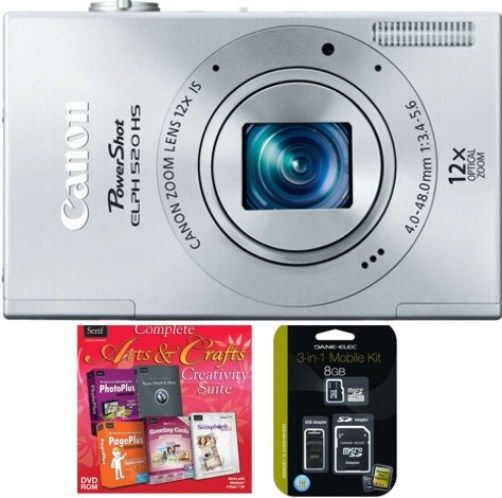 Canon 6166B001-3-KIT PowerShot ELPH 520 HS Digital Camera Silver with 3-in-1 Mobile Kit (8GB Class 10 microSD + USB & SD Adapters) and Complete Arts & Crafts Creative Suite Software, 3.0-inch TFT Color LCD Monitor, 12x Optical Zoom, Optical Image Stabilizer and 28mm Wide-Angle lens, 4.0 (W) - 48.0mm (T) Focal Length, UPC 091037251718 (6166B0013KIT 6166B0013-KIT 6166B001-3KIT 6166B001 3-KIT)