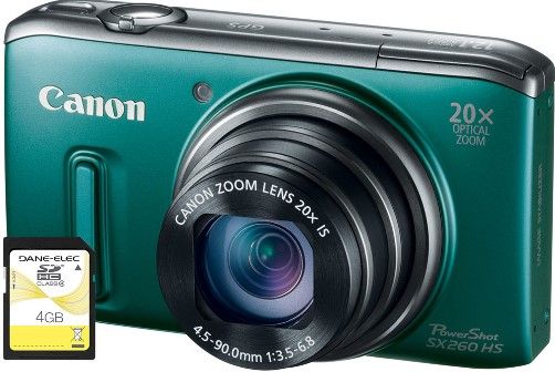 Canon 6196B001-2-KIT PowerShot SX260 HS Digital Camera with 4GB SD Memory Card, Green, 3.0-inch TFT Color LCD Monitor, 12.1 Megapixel High-Sensitivity CMOS sensor, 20x Optical Zoom and 25mm Wide-Angle lens with Optical Image Stabilization, Focal Length 4.5 (W) - 90.0 (T) mm (35mm film equivalent: 25-500mm), UPC 091037253026 (6196B0012KIT 6196B0012-KIT 6196B001-2KIT 6196B001 SX260HS SX260-HS SX-260 SX 260)