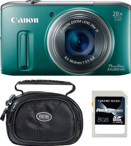 Canon 6196B001-3-KIT PowerShot SX260 HS Digital Camera with BL-304 Carrying Case and 8GB SD Memory Card, Green, 3.0-inch TFT Color LCD Monitor, 12.1 Megapixel High-Sensitivity CMOS sensor, 20x Optical Zoom and 25mm Wide-Angle lens with Optical Image Stabilization, Focal Length 4.5 (W) - 90.0 (T) mm (35mm film equivalent: 25-500mm), UPC 091037253262 (6196B0013KIT 6196B0013-KIT 6196B001-3KIT 6196B001 BL304 SX260HS SX260-HS SX-260 SX 260)