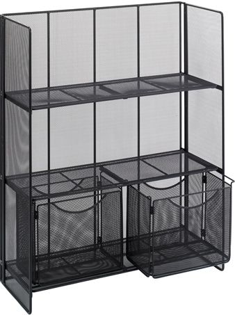 Safco 6240BL Onyx Fold-Up Shelving, Black, 2 Pull out Bins/3 Shelves, 50 lbs. per shelf Capacity, Steel Material, GREENGUARD, Tracks for two file folder bins which are included, Dimensions 27 1/2