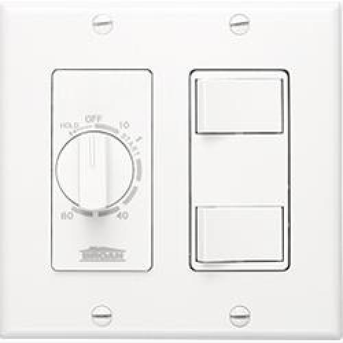 Broan 62W 60 Minute Time Control with two rocker switches, White Wall Control; Two separate 120V, 15 amp on/off rocker switches (20 amp total); 120V, 20 amps or 240V, 10 amp timer; Timer operates continuously or for any set period up to 60 minutes; Fits two-gang box (62W 62W 62W)